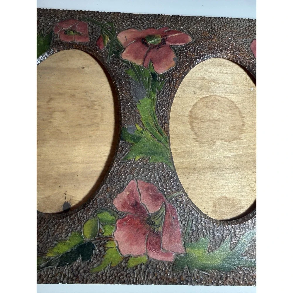 Antique Flemish Art Double Oval Photo Frame Poppy Floral Wall Hanging 12x9